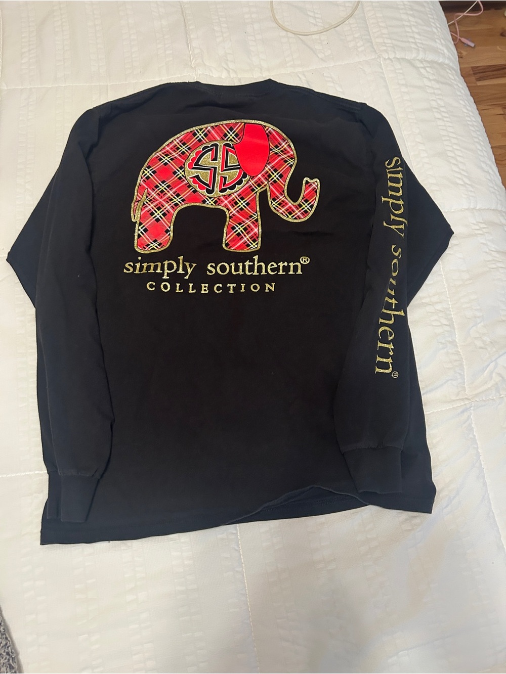 Simply Southern Black Long Sleeve Tee with Plaid Elephant